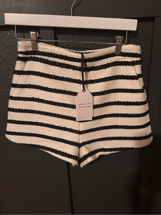 English Factory Pants - English Factory Black and White Striped Tweed High-Waist Women’s Shorts